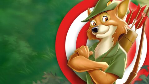 Robin Hood s lukem před terčem z Disneyho animovaného filmu Robin Hood (1973)
