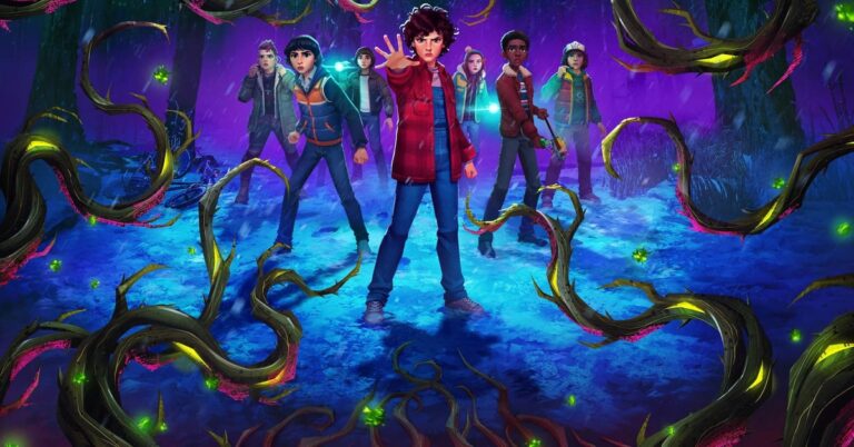 Animované postavy z Stranger Things: Tales From '85 - Eleven v centru s dalšími dětmi v Upside Down