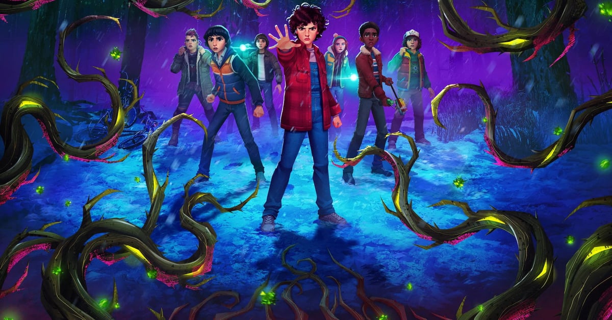 Animované postavy z Stranger Things: Tales From '85 - Eleven v centru s dalšími dětmi v Upside Down