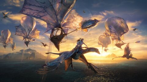Dva Na'vi na létajícím ikranovi nad oceánem při západu slunce v Avatar: Fire and Ash