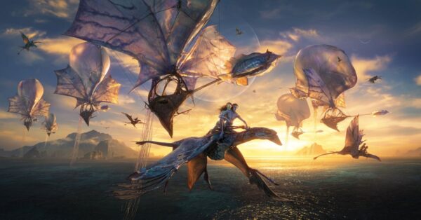 Dva Na'vi na létajícím ikranovi nad oceánem při západu slunce v Avatar: Fire and Ash