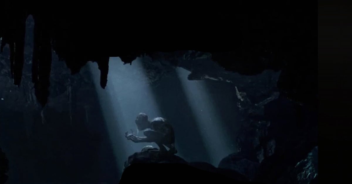 Gollum v temné jeskyni ve filmu The Lord of the Rings: The Hunt for Gollum