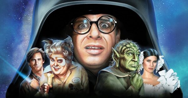 Hlavní postavy ze sci-fi komedie Spaceballs - Dark Helmet, Lone Starr, princezna Vespa a další