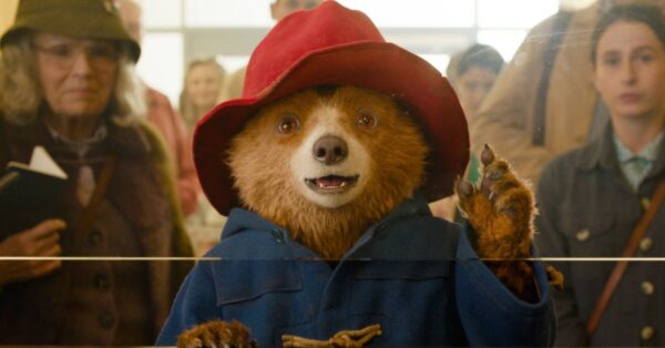 Medvídek Paddington s červeným kloboukem a modrým kabátem mává za sklem