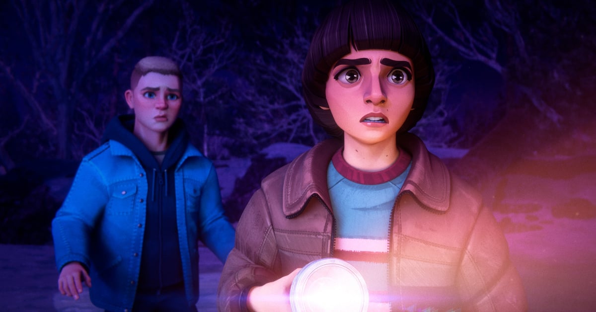 Animovaná Eleven drží svítilnu v nočním lese v seriálu Stranger Things: Tales From '85