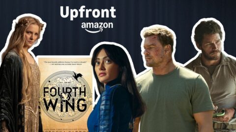 Propagační grafika pro seriál Fourth Wing na Amazon Prime Video s fantasy postavami