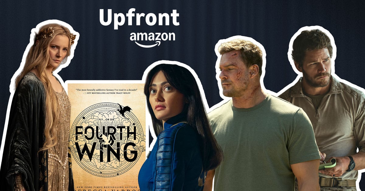 Propagační grafika pro seriál Fourth Wing na Amazon Prime Video s fantasy postavami
