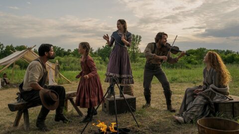 Rodina Ingallsových a další obyvatelé kolem táboráku za soumraku v seriálu Little House on the Prairie