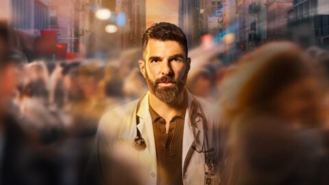 Zachary Quinto jako Dr. Oliver Wolf v bílém lékařském plášti v seriálu Brilliant Minds