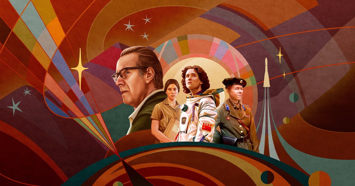 Hlavní postavy seriálu Star City na pozadí stylizované sovětské vesmírné ikonografie