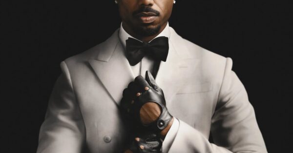 Michael B. Jordan jako Thomas Crown v bílém smokingu s koženou rukavicí - oficiální plakát k filmu The Thomas Crown Affair
