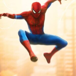 Spider-Man ve skoku nad newyorskými mrakodrapy v jasném podvečerním osvětlení, scéna z filmu Spider-Man: Brand New Day