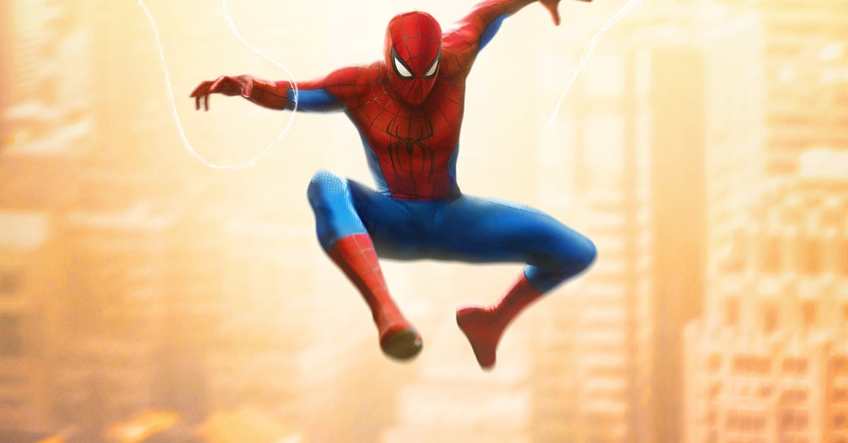 Spider-Man ve skoku nad newyorskými mrakodrapy v jasném podvečerním osvětlení, scéna z filmu Spider-Man: Brand New Day