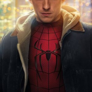 Tom Holland jako Spider-Man/Peter Parker v rozepnuté bundě přes kostým, v pozadí rozostřená noční panoramata města plná světel