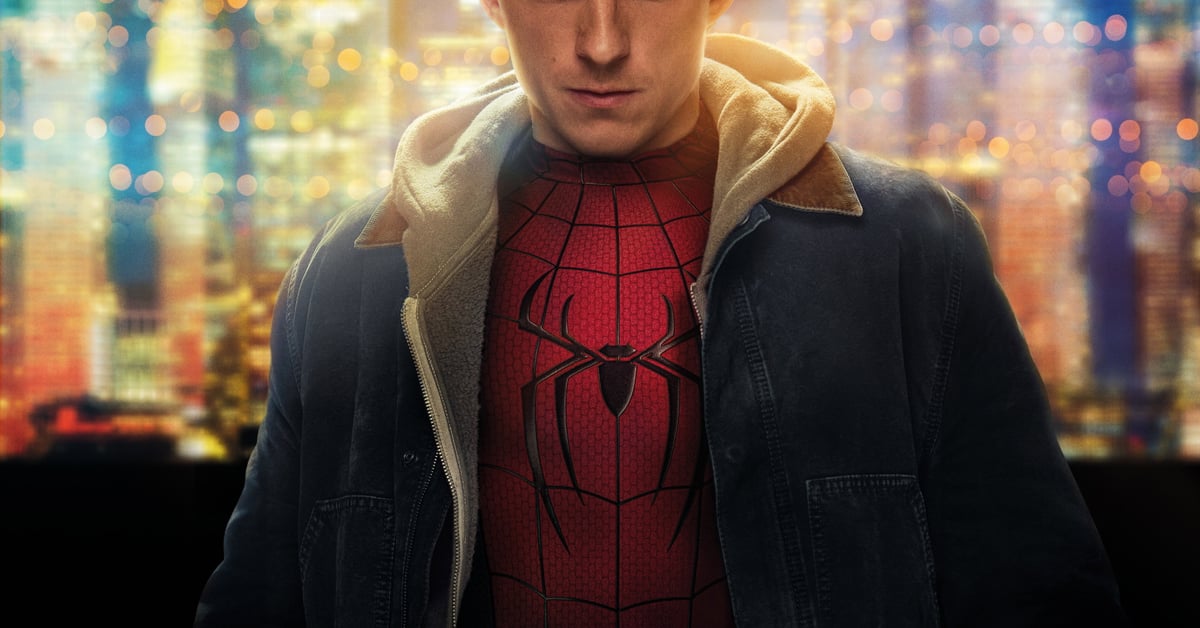 Tom Holland jako Spider-Man/Peter Parker v rozepnuté bundě přes kostým, v pozadí rozostřená noční panoramata města plná světel