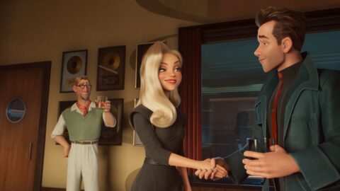 Barry Vogel, Venus Nova a Ray Gunn si podávají ruce v kancelářské scéně z animovaného filmu Ray Gunn