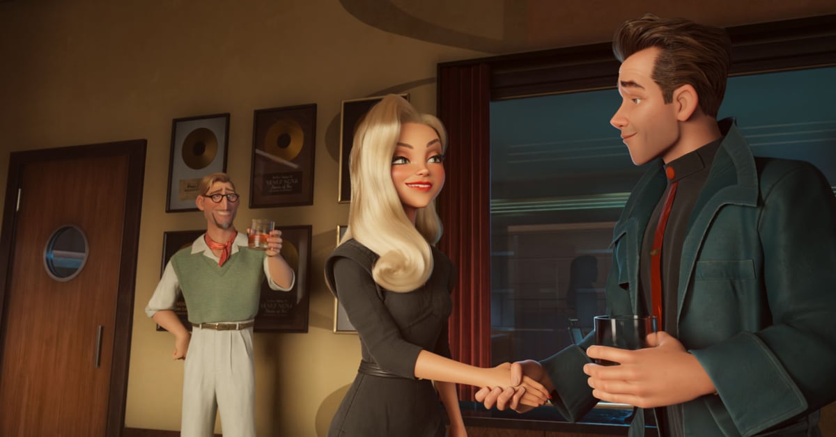 Barry Vogel, Venus Nova a Ray Gunn si podávají ruce v kancelářské scéně z animovaného filmu Ray Gunn