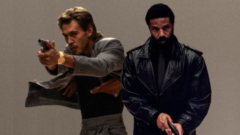 Dvě postavy z filmu Miami Vice '85 na oficiálním promo záběru, jedna míří zbraní, druhá stojí v koženém kabátě