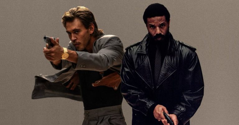 Dvě postavy z filmu Miami Vice '85 na oficiálním promo záběru, jedna míří zbraní, druhá stojí v koženém kabátě