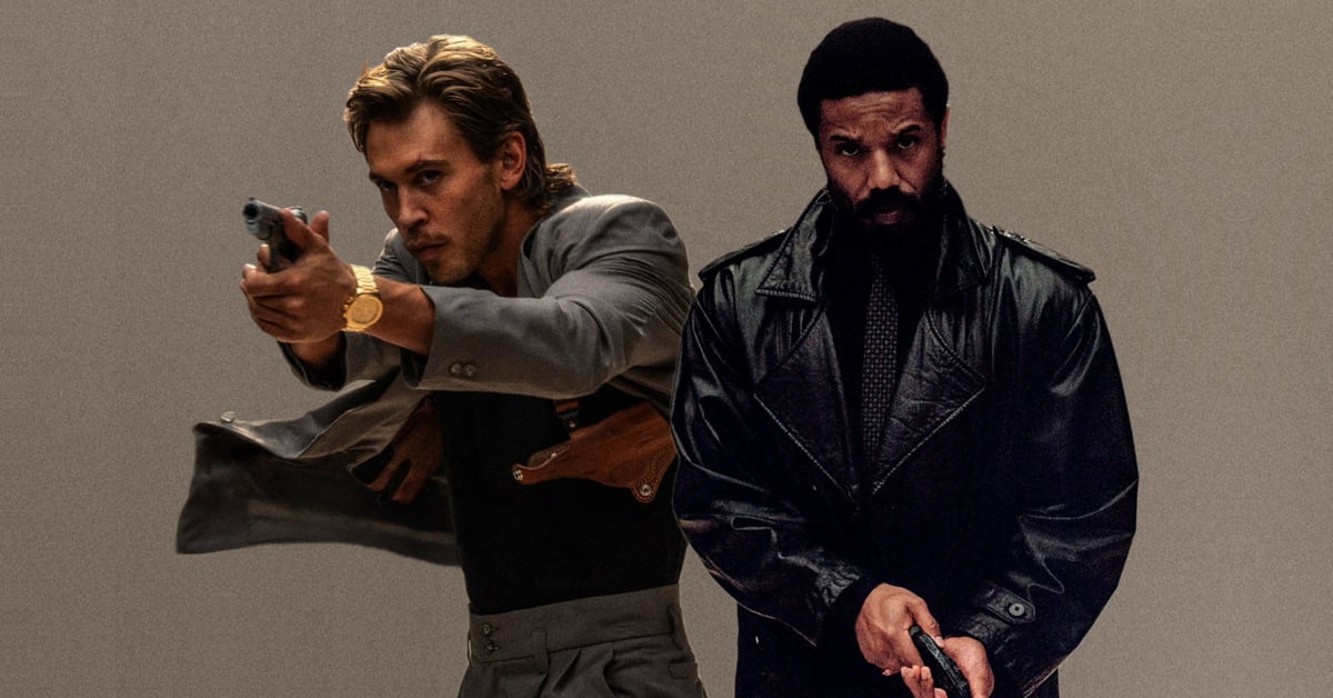 Dvě postavy z filmu Miami Vice '85 na oficiálním promo záběru, jedna míří zbraní, druhá stojí v koženém kabátě