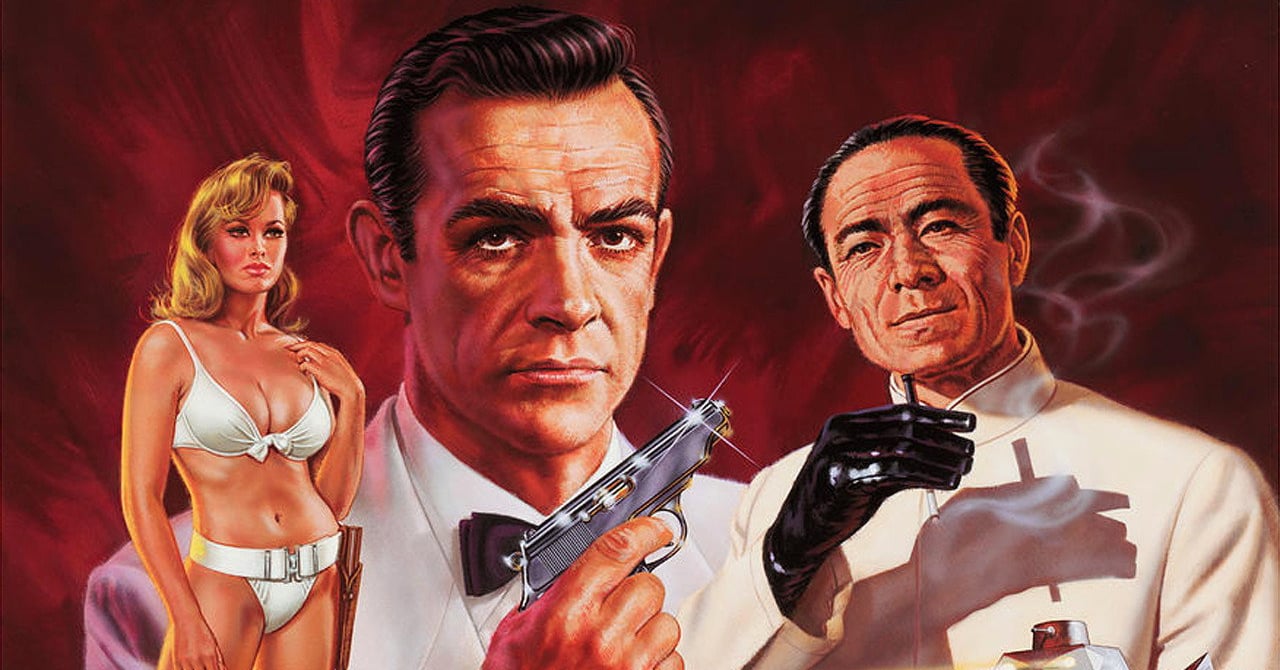 Ilustrace z propagačních materiálů filmu Dr. No: Sean Connery jako James Bond, Honey Ryder v bílých plavkách a doktor No